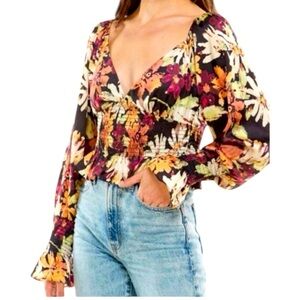 WAYF Black & Orange Painted Daisies Smocked Waist Long Sleeve Top Size Large